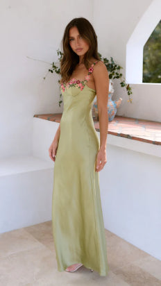 Blossom Elegance Satin Maxi Dress – Pistachio Green
